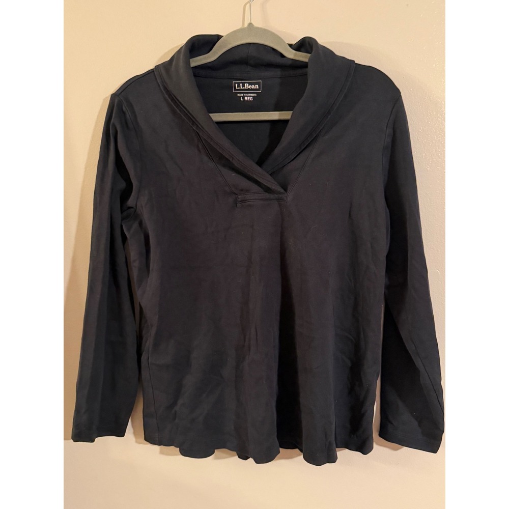 LL Bean Womens Navy Blue Cotton Shawl Collar V-Neck Long Sleeve Top L REG 290348